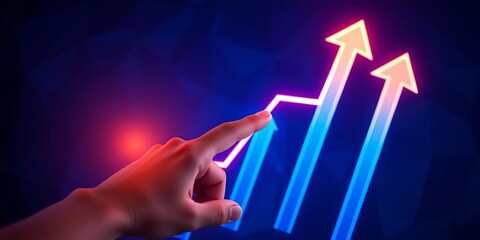 Poster - Glowing upward arrows on a dark blue polygonal background, a hand points to the chart,  business,  uptrend