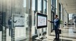 © Lontong - A businessman confidently presents a project plan on a large interactive display in a modern building, showcasing strategic data visualizations.