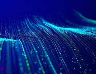 Wall Mural - A glowing blue fiber optics background with shimmering light spots creates a futuristic design of star-like patterns and energetic motion
