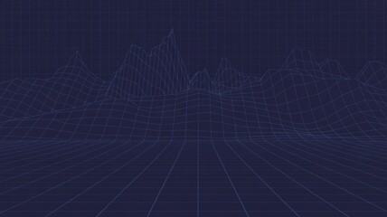 Poster - A dark blue wireframe landscape with a grid pattern and mountain like peaks in a futuristic style art