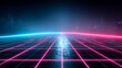 © AI Digital Artist - Neon grid floor in a futuristic cityscape with glowing horizon