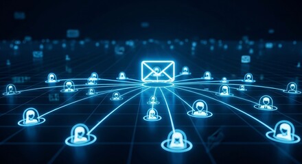 Poster - A glowing email icon connected to glowing user icons with lines on a dark blue background network design