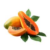 Fresh ripe papaya fruit with halves showing seeds isolated on transparent background