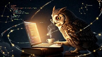Wise Owl Typing on Laptop with Glowing Code and Constellations