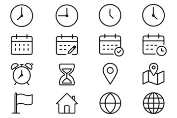 Poster - Time, date and address line icons set. Editable stroke for mobile and web. Isolated on white background. Vector illustration
