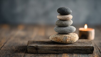 Poster - Stacked Pebbles and Candlelight Create a Calming Daily Growth Ritual on Wooden Board During Cozy Evening Ambiance