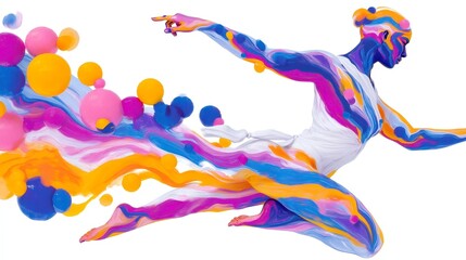 Poster - Vibrant Abstract Watercolor Anatomy, dynamic human figure surrounded by energetic swirls and colorful orbs, expressive paint strokes on a clean white background, ideal for clipart usage