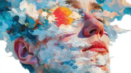 Poster - Cosmic Harmony, a vibrant watercolor depiction of the human form intertwined with celestial elements and a sun motif, embodying an abstract concept of wellness and serenity.