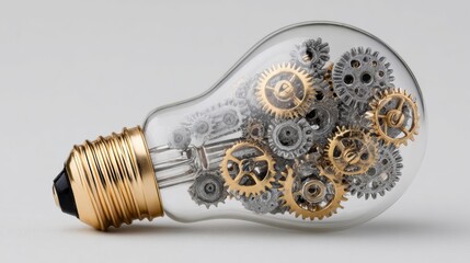 Poster - Innovative Lightbulb Design Showcasing Intricate Gears and Nanowires in a Minimalist Style With Clear Space on the Side