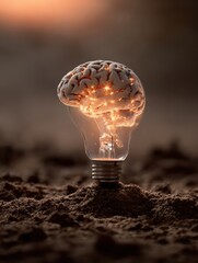 Poster - Light Bulb Resembling Brain Sprouts From Soil in Warm Setting, Symbolizing Creativity and Innovation in Nature