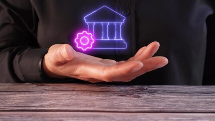 Poster - A business person using a magnifying glass to examine an animation of a piggy bank and the word 