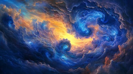 Poster - Celestial cloudscape swirls in dreamlike vortex of blues golds with ethereal light for surreal sky atmosphere cosmic wonder concept.