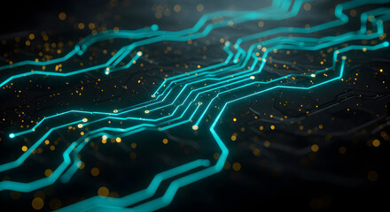 Poster - Abstract Glowing Turquoise Circuit Board Design on Dark Background with Warm Yellow Bokeh Lights