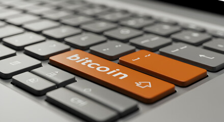Poster - Bitcoin Themed Keyboard Close Up Featuring Prominent Orange Bitcoin Key On A Laptop