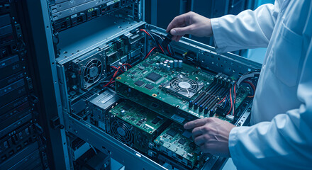 Poster - Close Up of Server Maintenance Featuring Circuit Boards and a Person in White Coat in Blue Lit Data Center