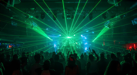 Poster - Dynamic Green Laser Show Over Silhouetted Crowd at an Indoor Event with High Energy and Darkened Atmosphere