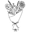 © OS - Wildflower bouquet in kraft paper wrap — delicate black and white floral line art illustration