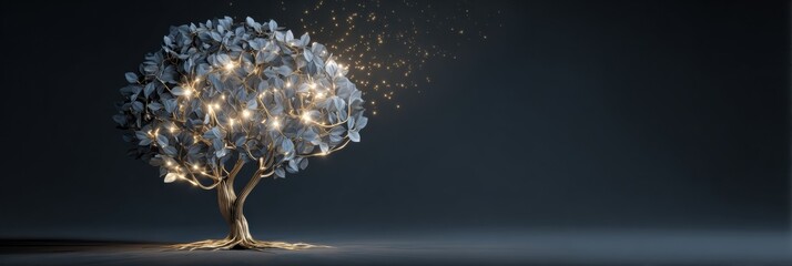 Poster - Creative Tree With Brain-Shaped Crown and Glowing Thoughts Illuminates a Dark Space, Symbolizing Innovative Ideas and Inspiration