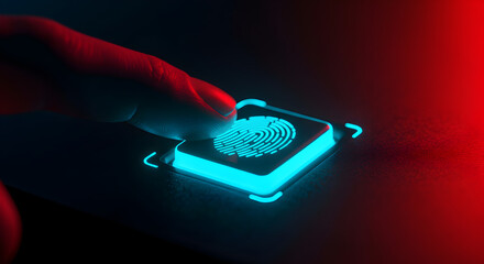 Poster - Finger Presses Glowing Blue Biometric Fingerprint Scanner in Dark Background with Red and Blue Lights