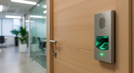 Poster - Fingerprint Scanner with Green Light Mounted on Wooden Door in Modern Office with Blurry Background