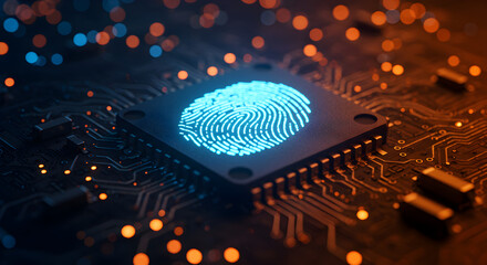 Poster - Glowing Blue Fingerprint on a Microchip with Orange Lights on Dark Circuit Board Emphasizing High Tech Biometric
