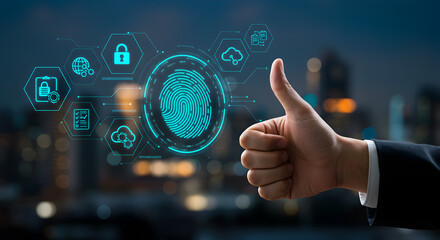 Poster - Hand Gesturing Thumbs Up with Digital Security Icons Over Blurred Cityscape at Night