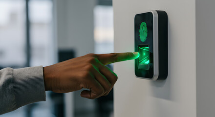 Poster - Hand Using Biometric Fingerprint Scanner on White Wall with Green Light for Secure Access and Authentication System