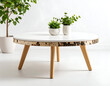 © Diana - A modern Scandinavian-style coffee table with a white top and natural birch bark edge, set in a minimalist white interior with plants.