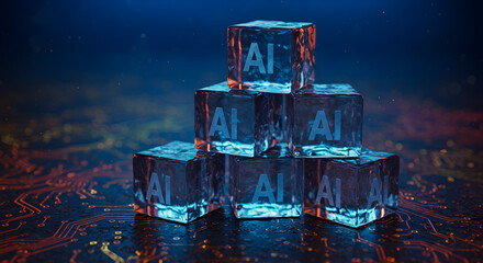 Poster - Illuminated Ai Ice Cubes Stacked on a Circuit Board in Blue and Orange Tones and Dark Background