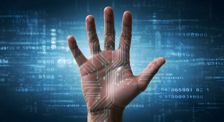 Poster - Open Human Hand Displaying Digital Circuit Patterns on Blue Binary Code Background