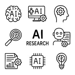 Poster - A set of doodle line icons representing AI research, machine learning, neural networks, automation, data analysis, and brain technology