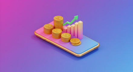 Poster - Pixel Art of Financial Growth on Smartphone with Stacked Coins Bar Graph and Rising Green Arrow on Gradient Purple and