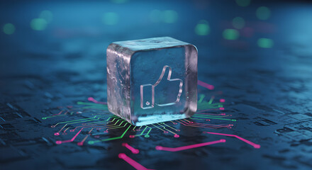 Poster - Thumbs Up Icon in an Ice Cube on a Lit Circuit Board with Soft Focus