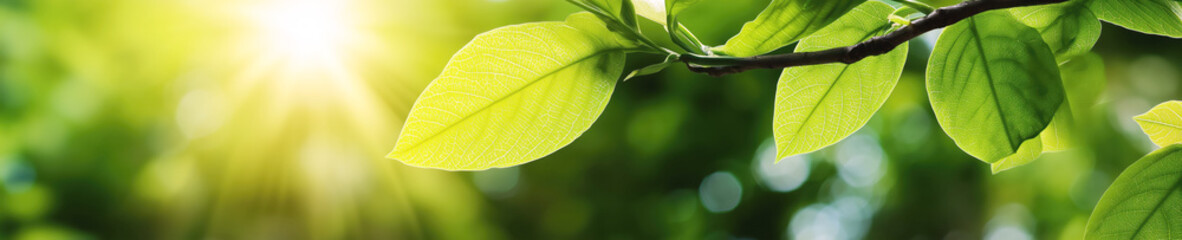 Wall Mural - fresh green leaf growing on tree branch in forest in spring on sunny day. Wide panoramic background