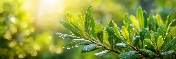 Wall Mural - fresh green leaves growing on a tree branch in raindrops and dew in forest in spring on sunny day. Wide panoramic natural background