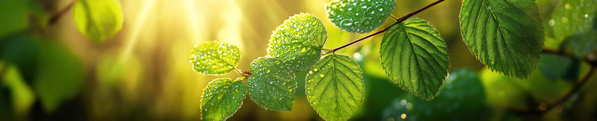Wall Mural - fresh green leaves growing on a tree branch in rain drops and dew in forest in spring on a sunny day. Wide natural background