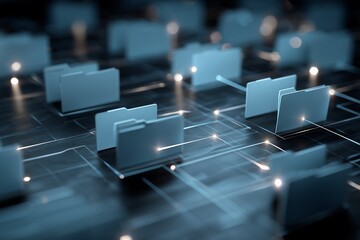 Fototapete - Abstract 3D folders represent data storage on a dark surface with light streaks, concept for data management, cloud computing, and network infrastructure.