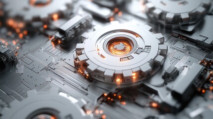Abstract futuristic mechanical gears and circuit board. Possible use Stock photo for technology, engineering, or science