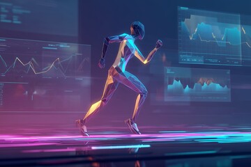 Poster - Geometric human figure running with digital graph overlays on a futuristic neon surface, concept for data analysis, performance tracking and artificial intelligence development.