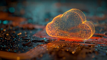Fototapete - Illuminated cloud computing symbol on circuit board background in orange hues, concept for data storage solutions, network infrastructure and digital transformation strategies.