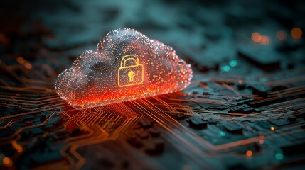 Fototapete - Cloud computing concept with a padlock icon, illuminated on a circuit board. Concept for data encryption, secure networks and digital privacy of information access and storage.