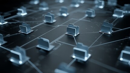 Fototapete - Digital data storage with illuminated file folders and network connections on dark backdrop, concept for cloud computing infrastructure, data management and digital security.