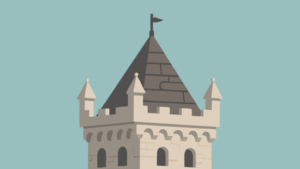 Poster - Illustration of a stylized castle tower with a flag against a light blue background