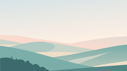 Poster - Minimalist illustration of layered rolling hills with a soft pastel color palette