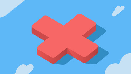 Poster - Red isometric cross symbol illustration set against a blue sky with clouds