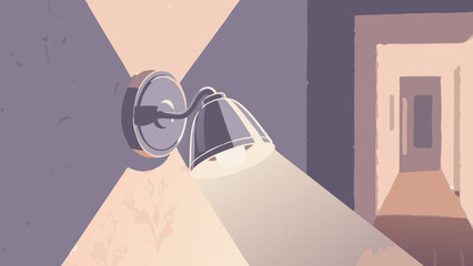 Poster - A wall sconce illuminates a hallway with a warm glow in a minimalist illustration