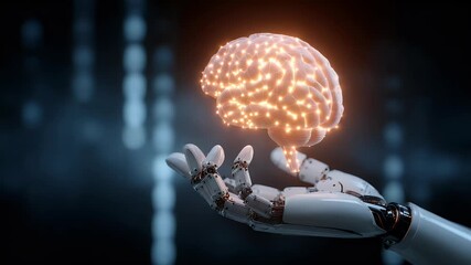 Wall Mural - a robotic hand holds out a glowing brain against a digital background, representing the concept of a