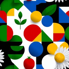 Poster - Colorful Geometric Pattern with Daisies and Leaves