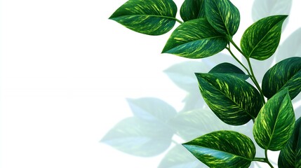 Poster - Green Leaves on White Background, Closeup View of Variegated Foliage with Soft Shadow