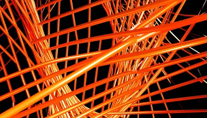 Abstract orange tubular structures intertwine against a black background, creating a dynamic, complex network
